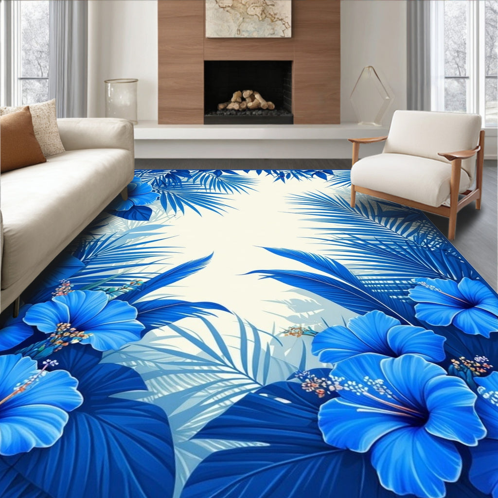 Vibrant Blue Floral And Palm Leaf Design Rug