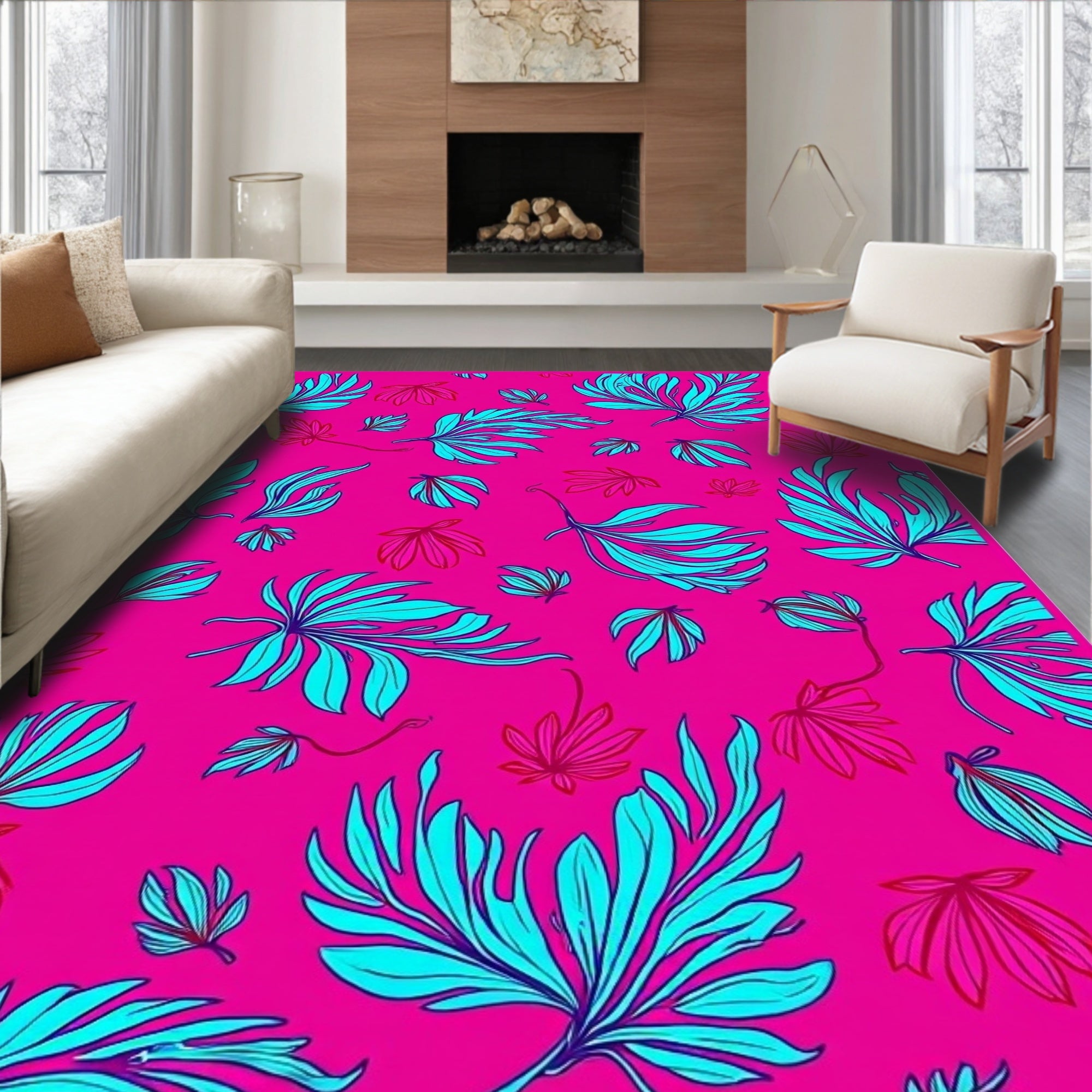 Vibrant Cyan Tropical Leaf Pattern Rug