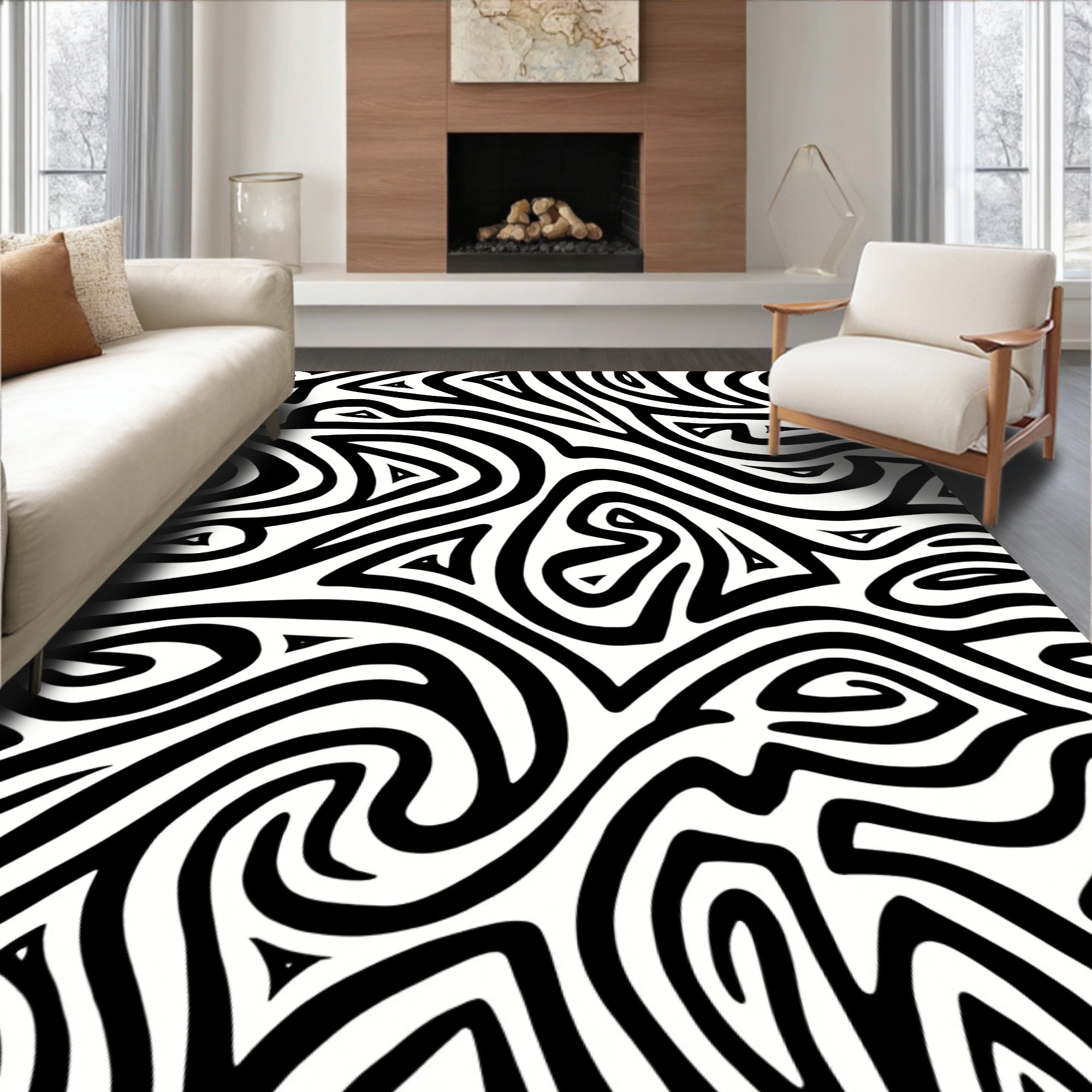 Black White Abstract Swirl Pattern Rug