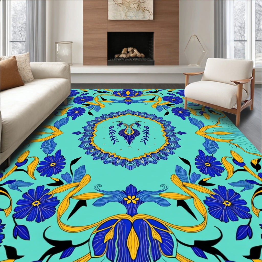 Bold Blue Yellow Floral Mandala Design Rug