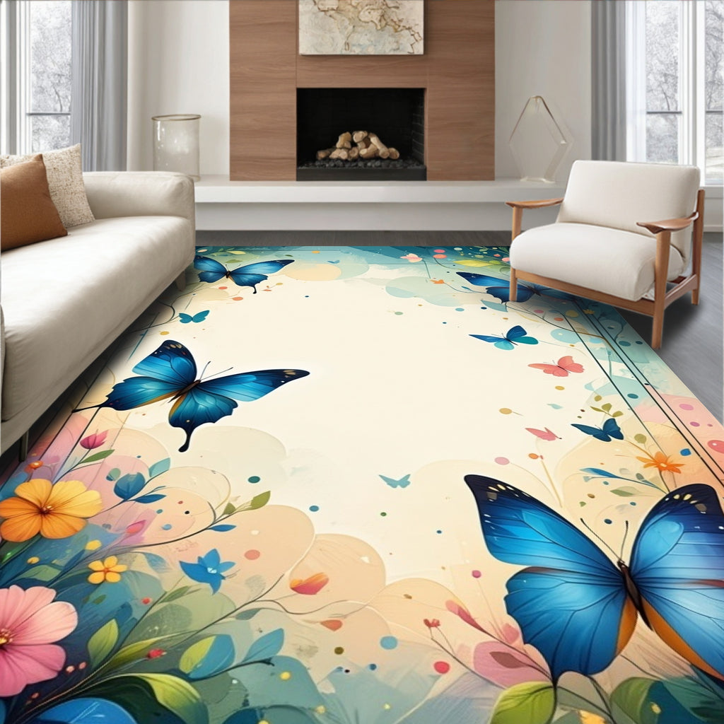 Bright Blue Butterflies Floral Garden Rug