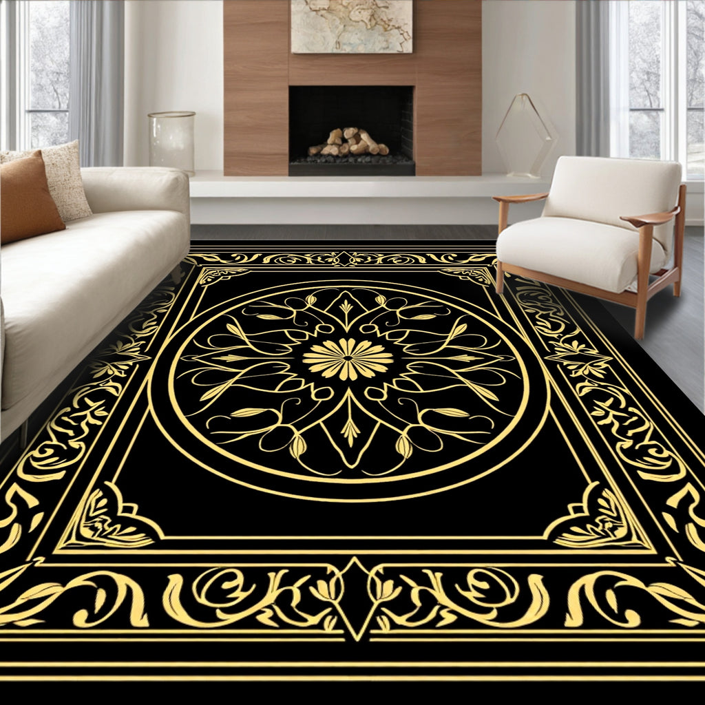 Elegant Gold Floral Medallion Ornamental Rug