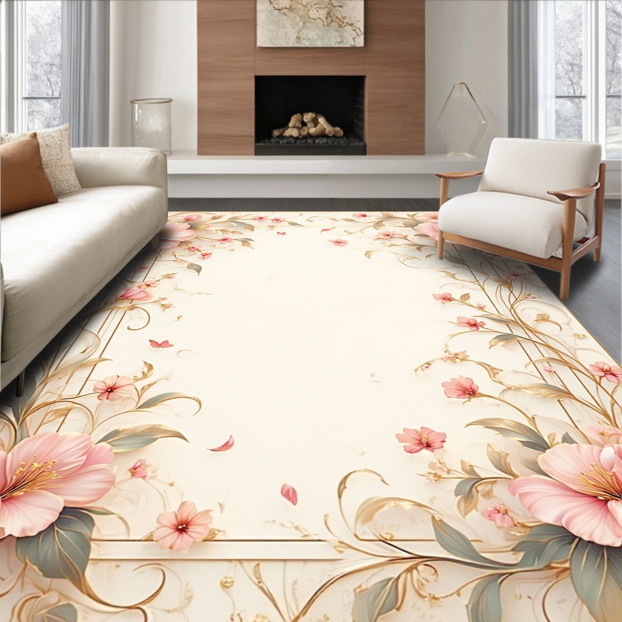 Elegant Floral Vines with Pink Blossoms Rug