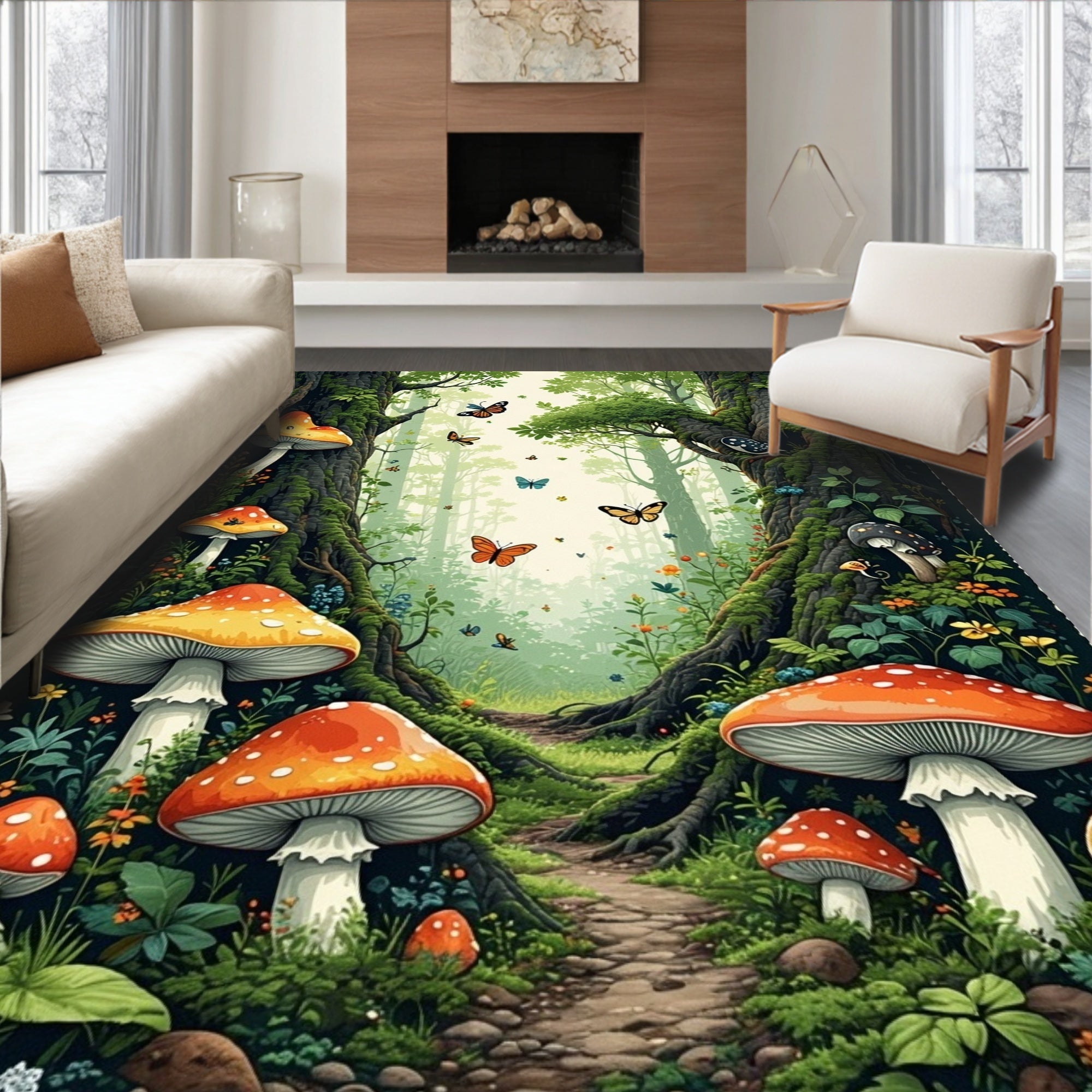 Enchanted Forest Mushroom Butterfly Design Rug
