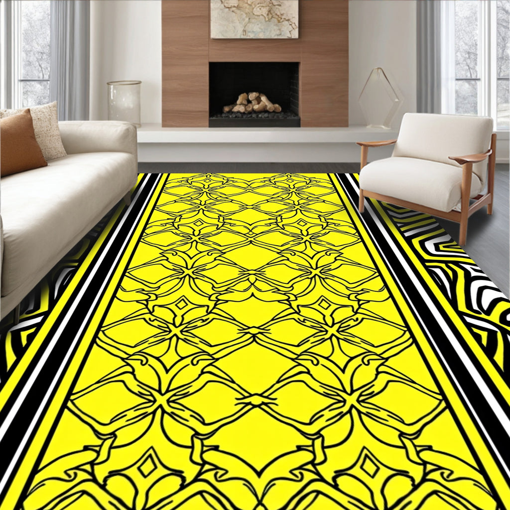 Bold Geometric Yellow Black Border Design Rug