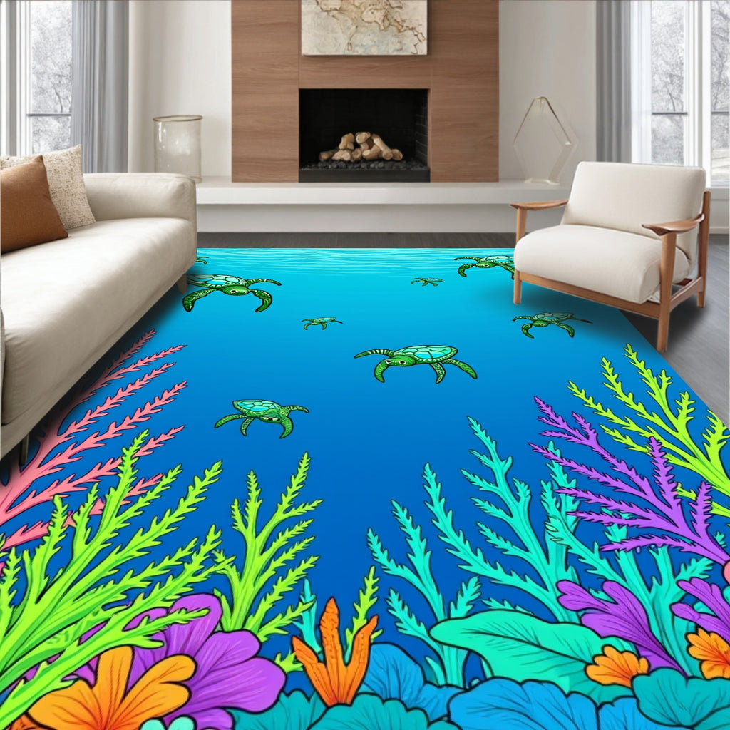 Whimsical Sea Turtle Coral Garden Design Rug
