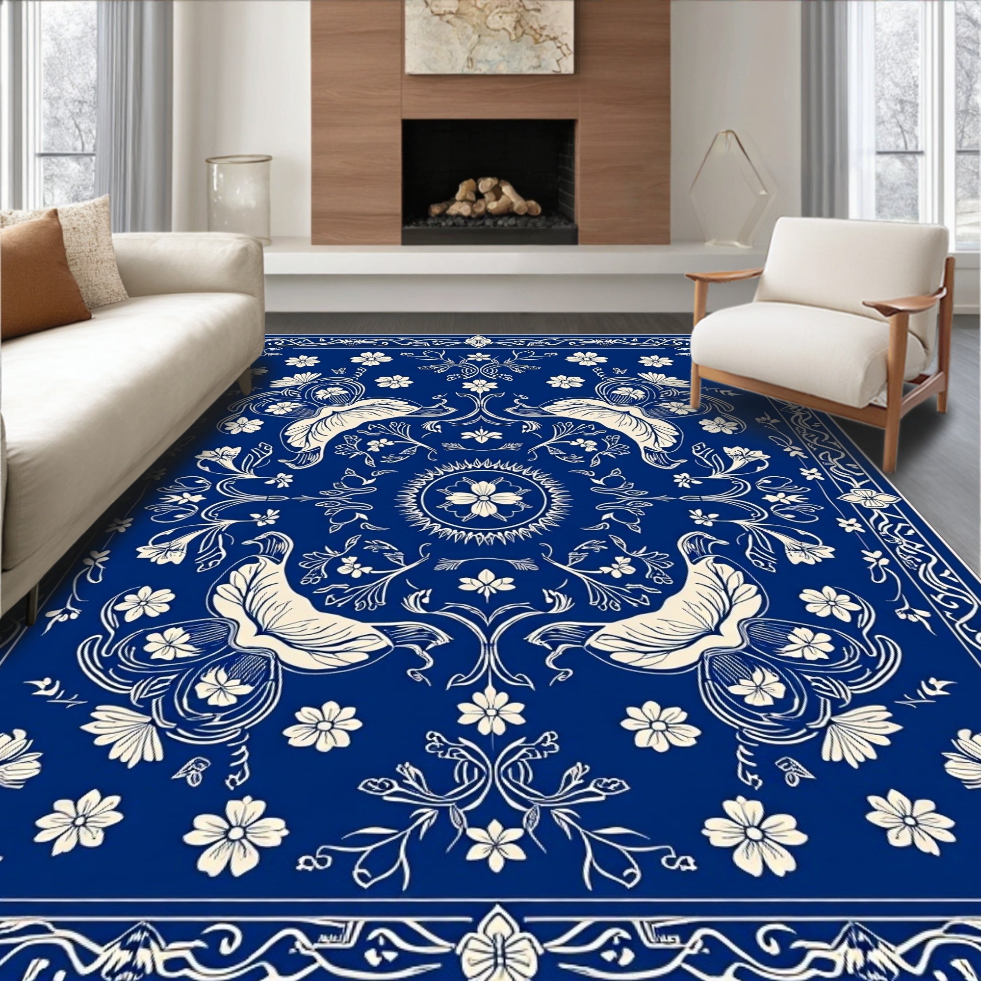 Royal Blue Floral Elegance Pattern Rug