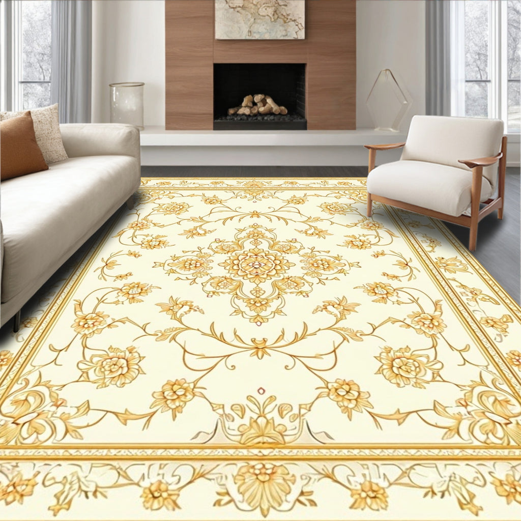 Ornate Gold Floral Pattern Rug
