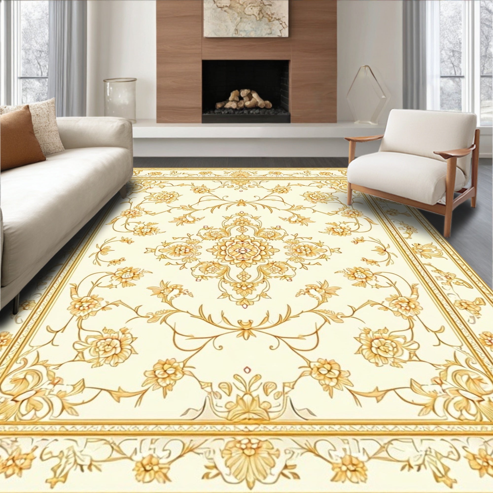 Ornate Gold Floral Pattern Rug