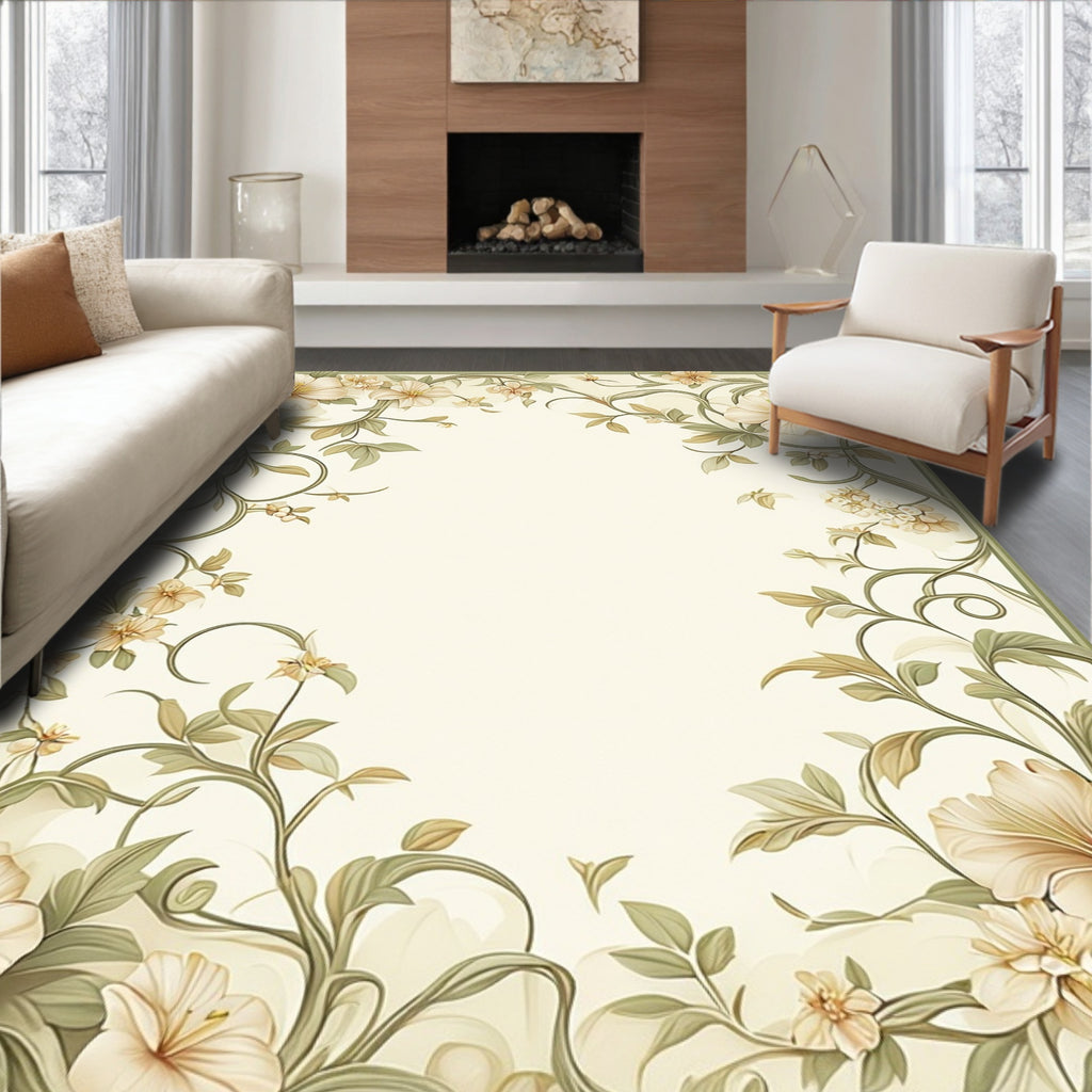 Elegant Cream Floral Vine Scroll Rug