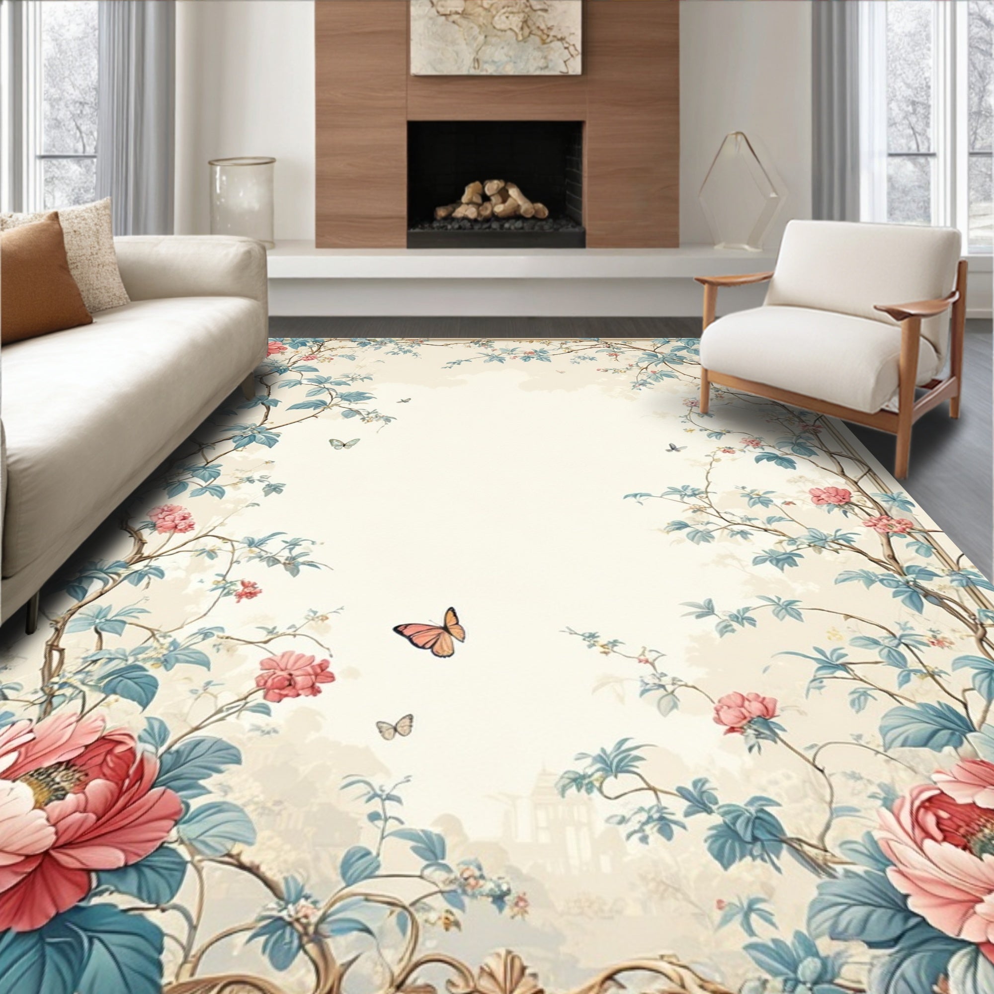 Floral Peony Butterfly Vine Pattern Rug