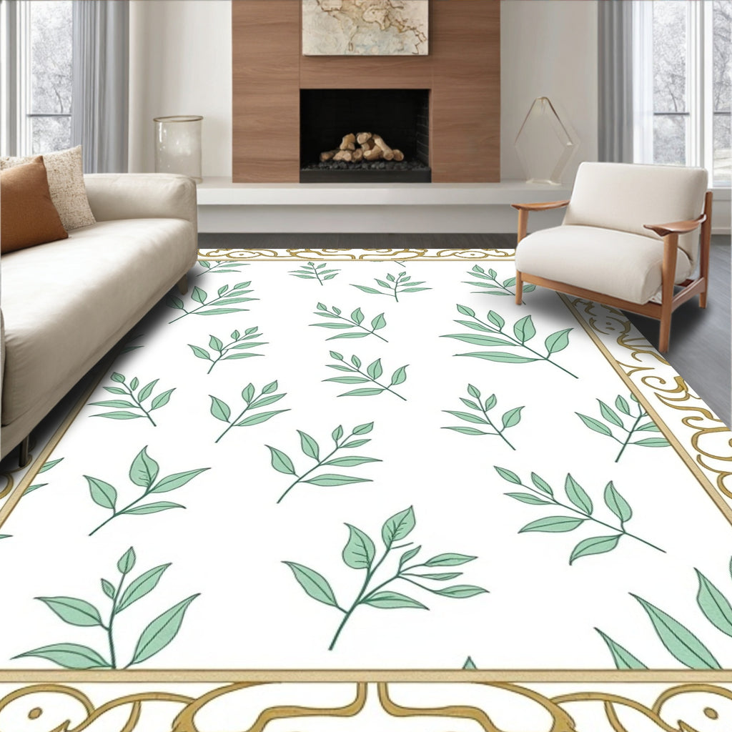Elegant Green Leaf Border Rug