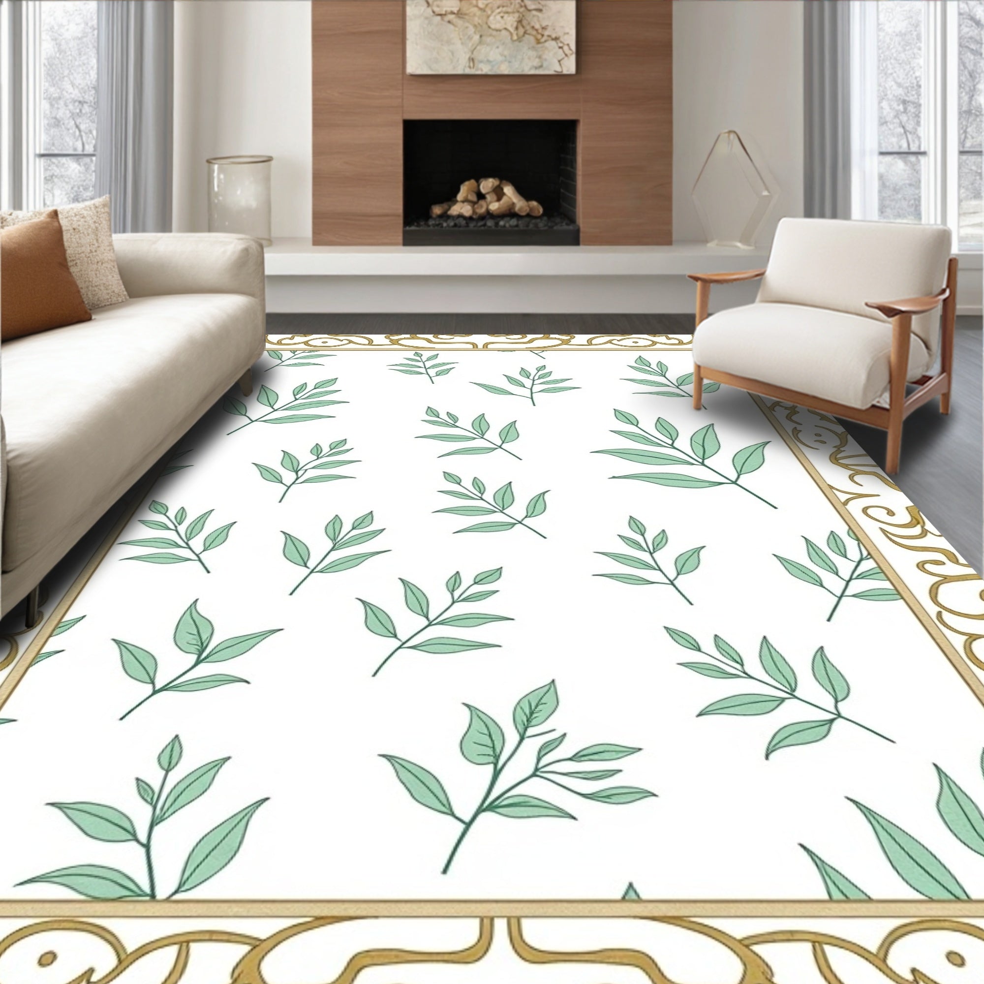 Elegant Green Leaf Border Rug