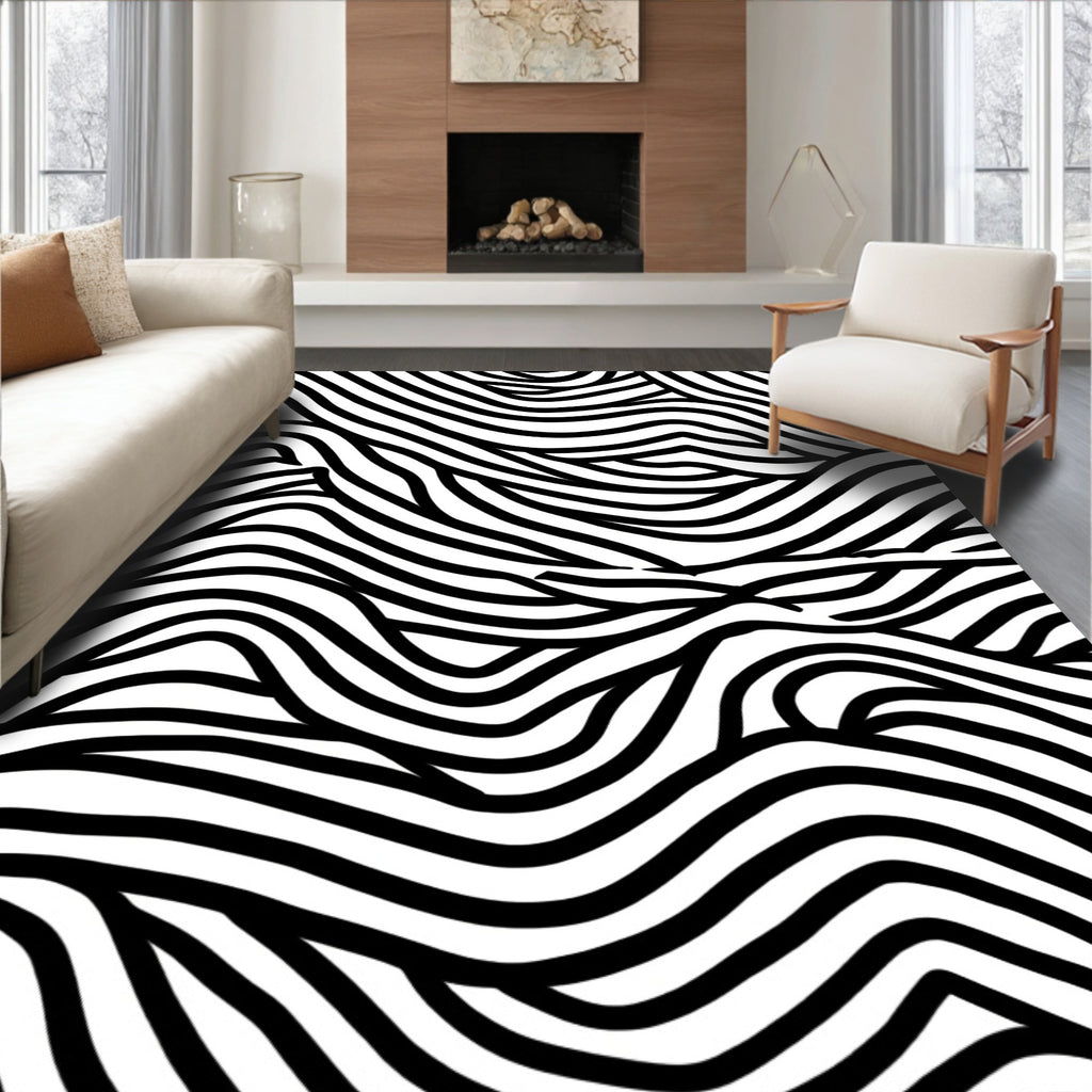 Abstract Black White Wavy Stripe Design Rug