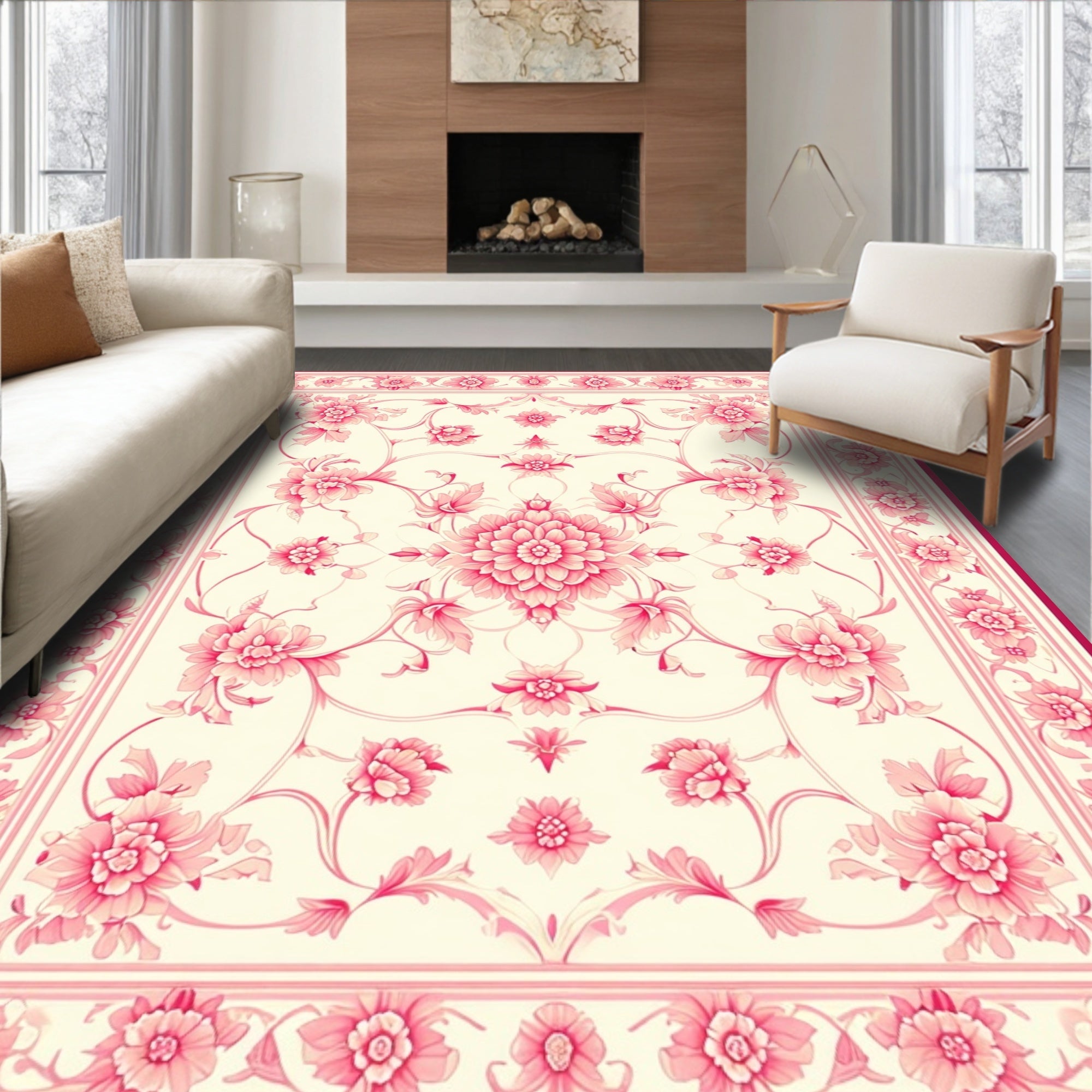 Elegant Pink Floral Scroll Pattern Rug