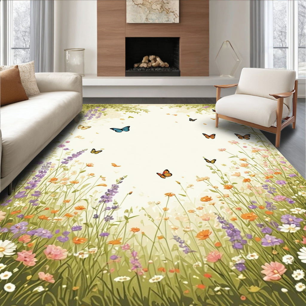 Whimsical Butterflies Wildflowers Meadow Design Rug