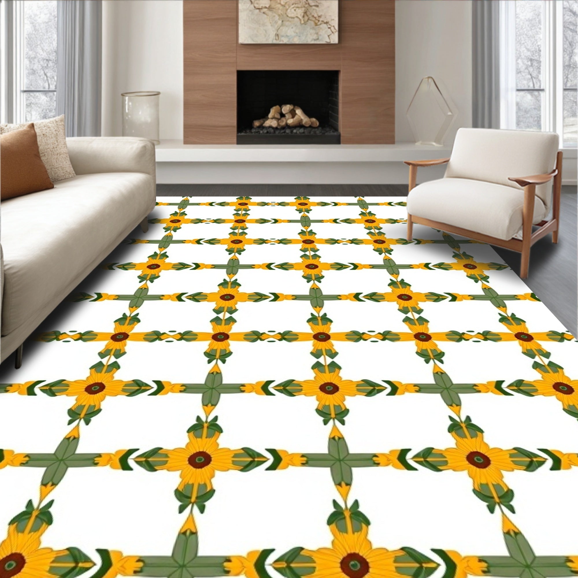 Golden Sunflower Lattice Medallion Rug