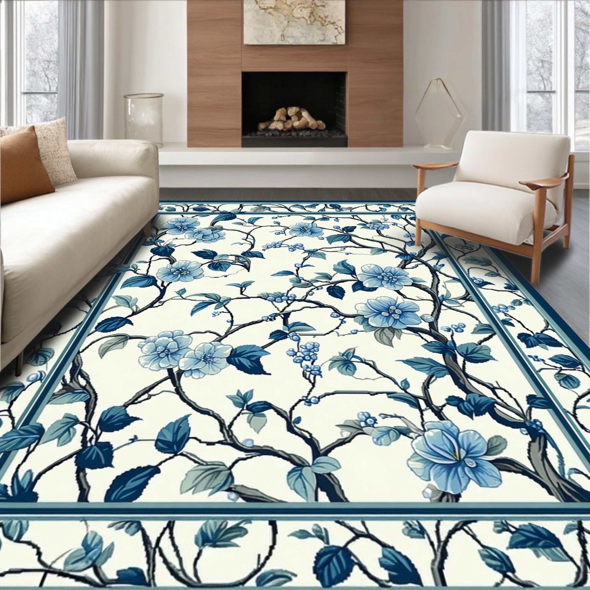 Blue Floral Branch Pattern Design Rug