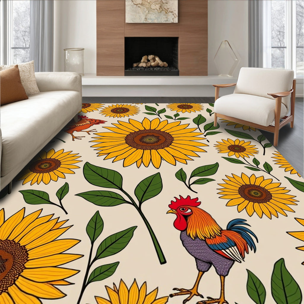 Farmhouse Rooster Sunflower Pattern Rug