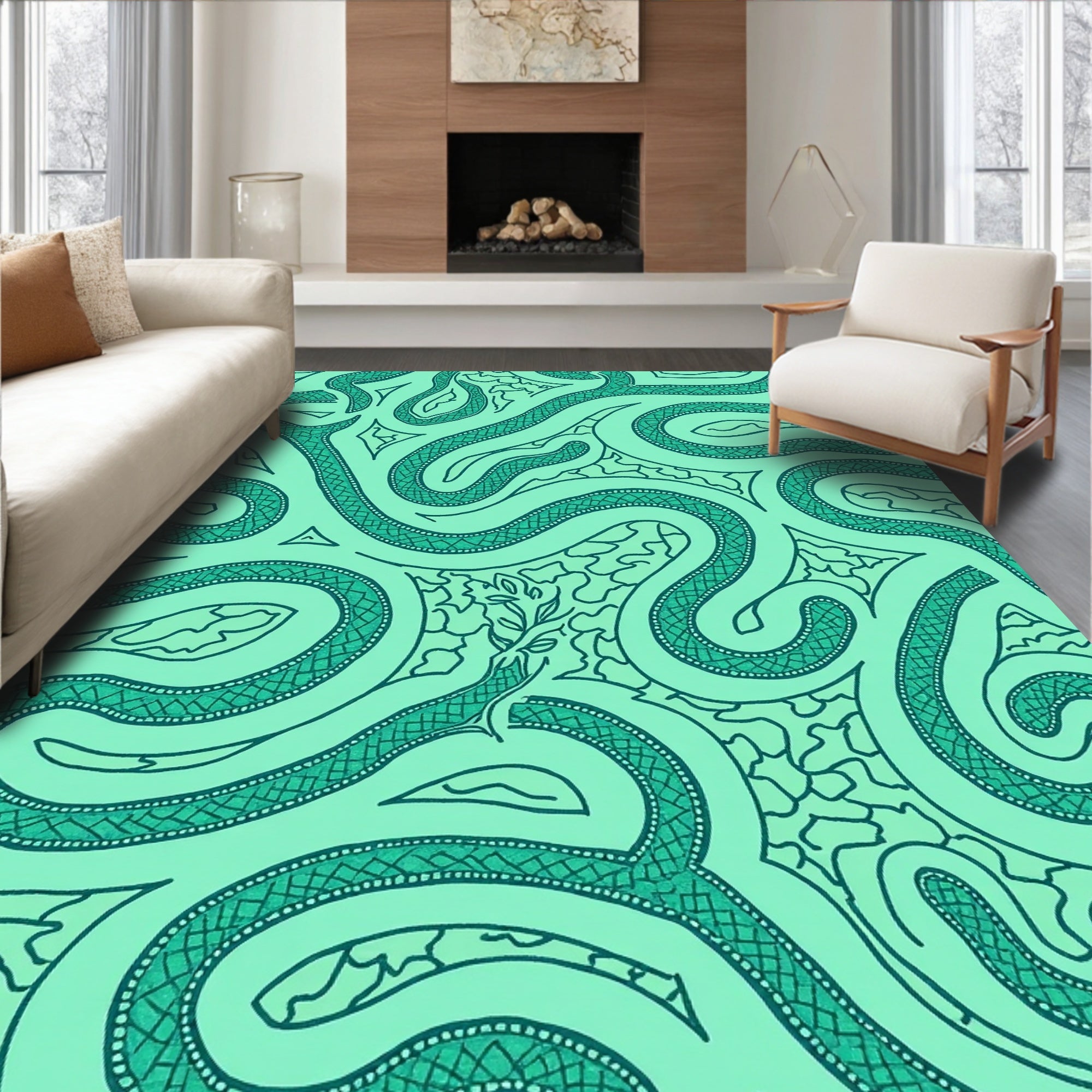 Teal Snake Swirl Pattern Rug