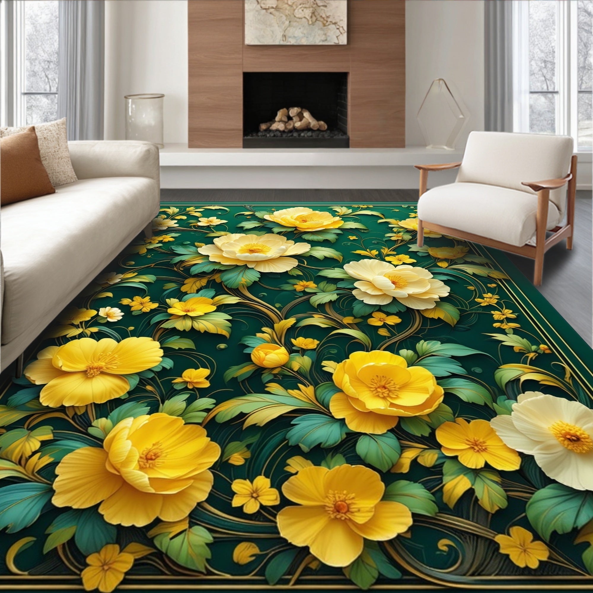 Lush Yellow Floral Vine Pattern Rug