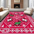 Red White Christmas Deer Snowflakes Border Rug