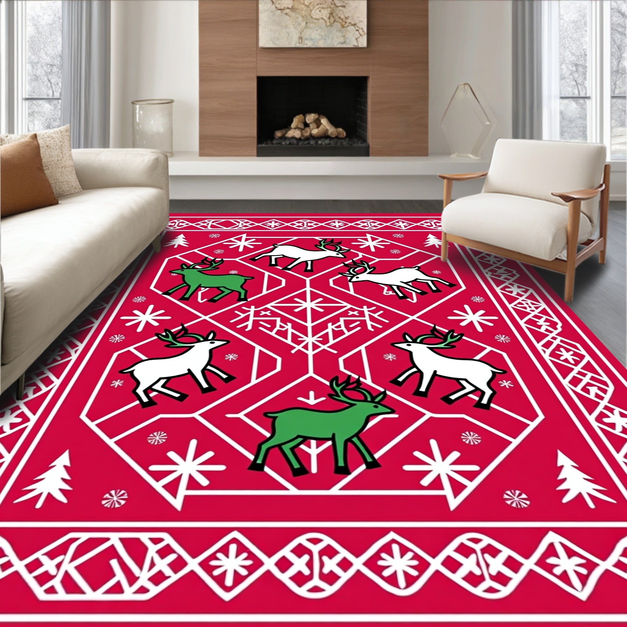 Red White Christmas Deer Snowflakes Border Rug