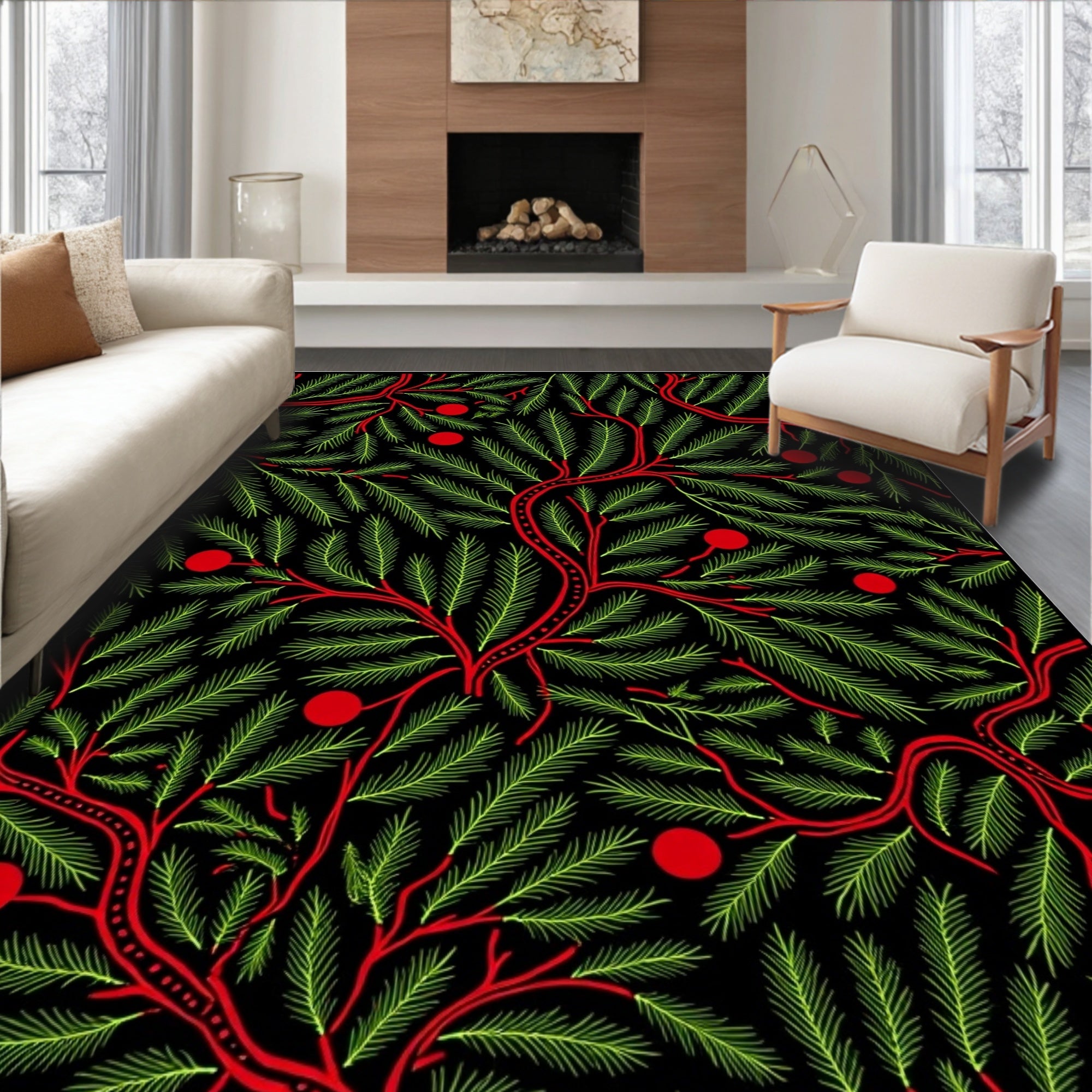 Vibrant Red Berries Evergreen Branches Rug