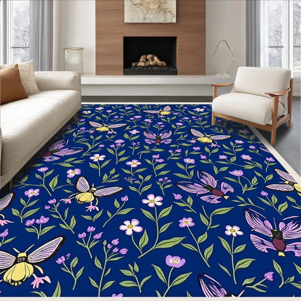 Navy Floral Moth Pattern Rug