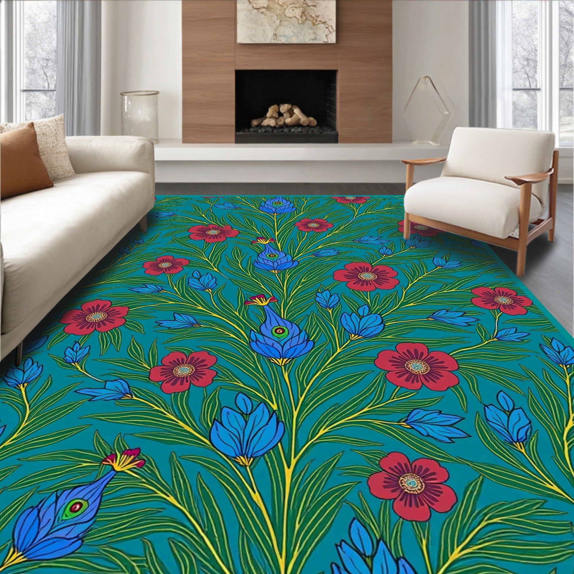Peacock Floral Emerald Garden Pattern Rug