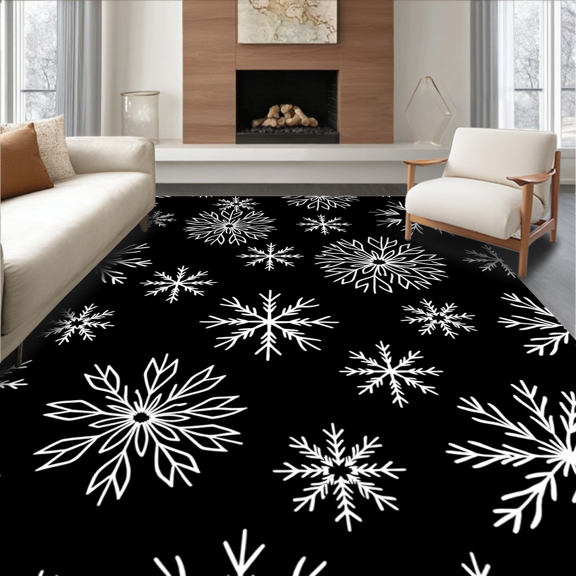 Winter White Snowflake Collage Rug