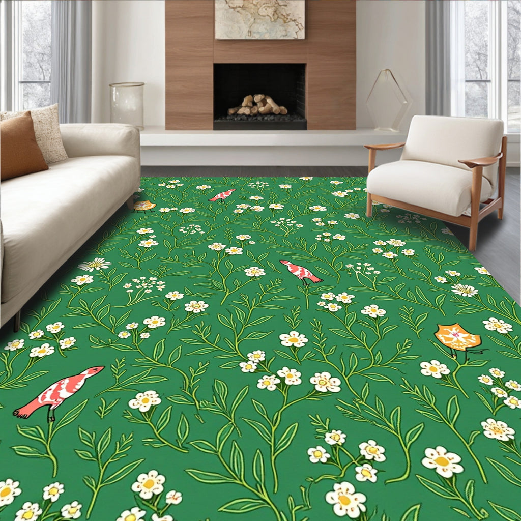 Green Floral Meadow With Birds And Lanterns Rug