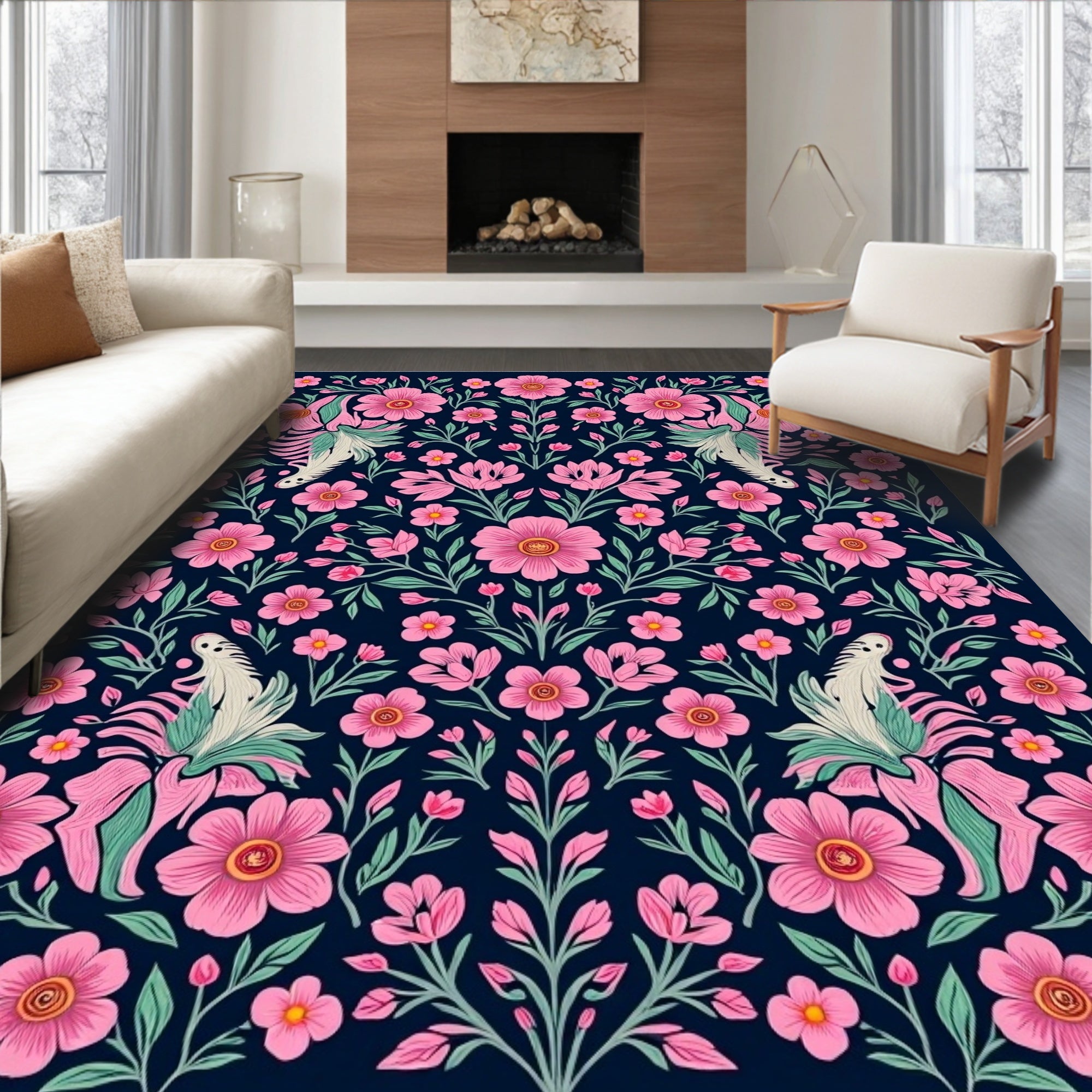 Elegant Pink Floral Symmetry Design Rug