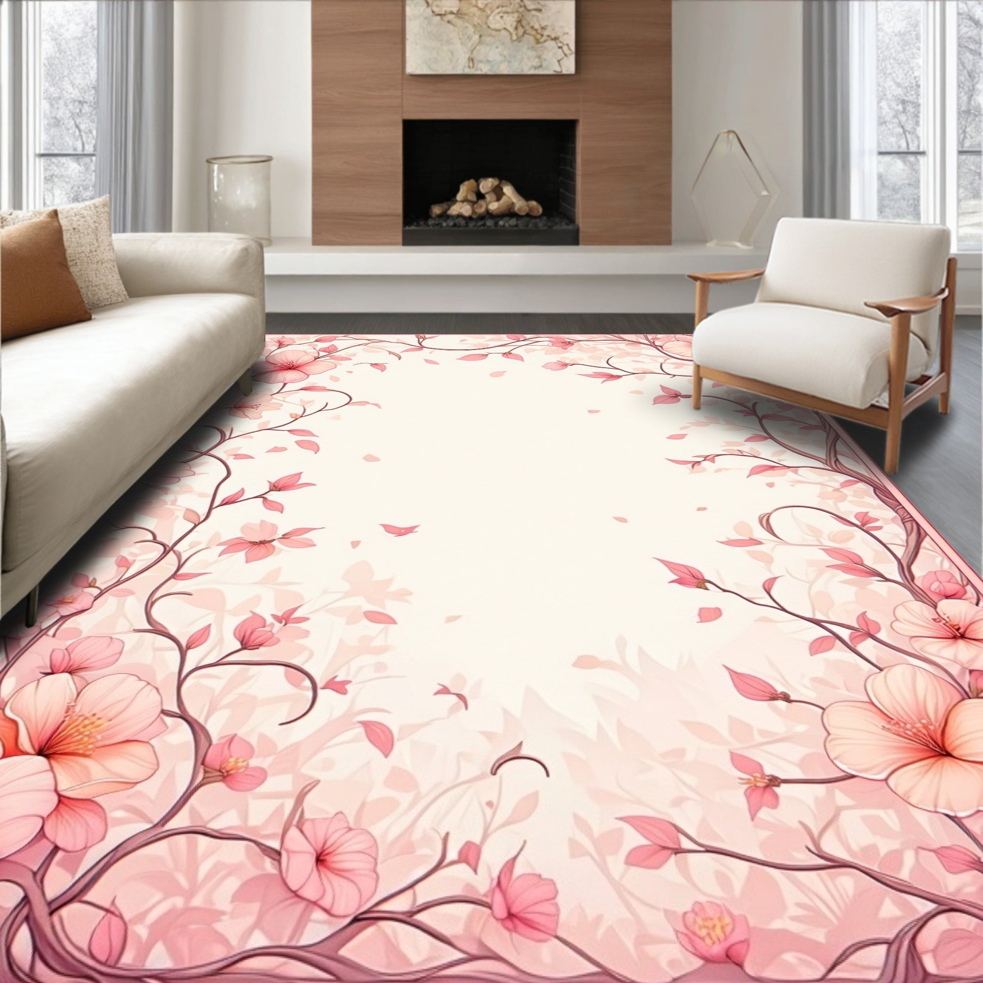 Soft Pink Blossom Vine Border Rug