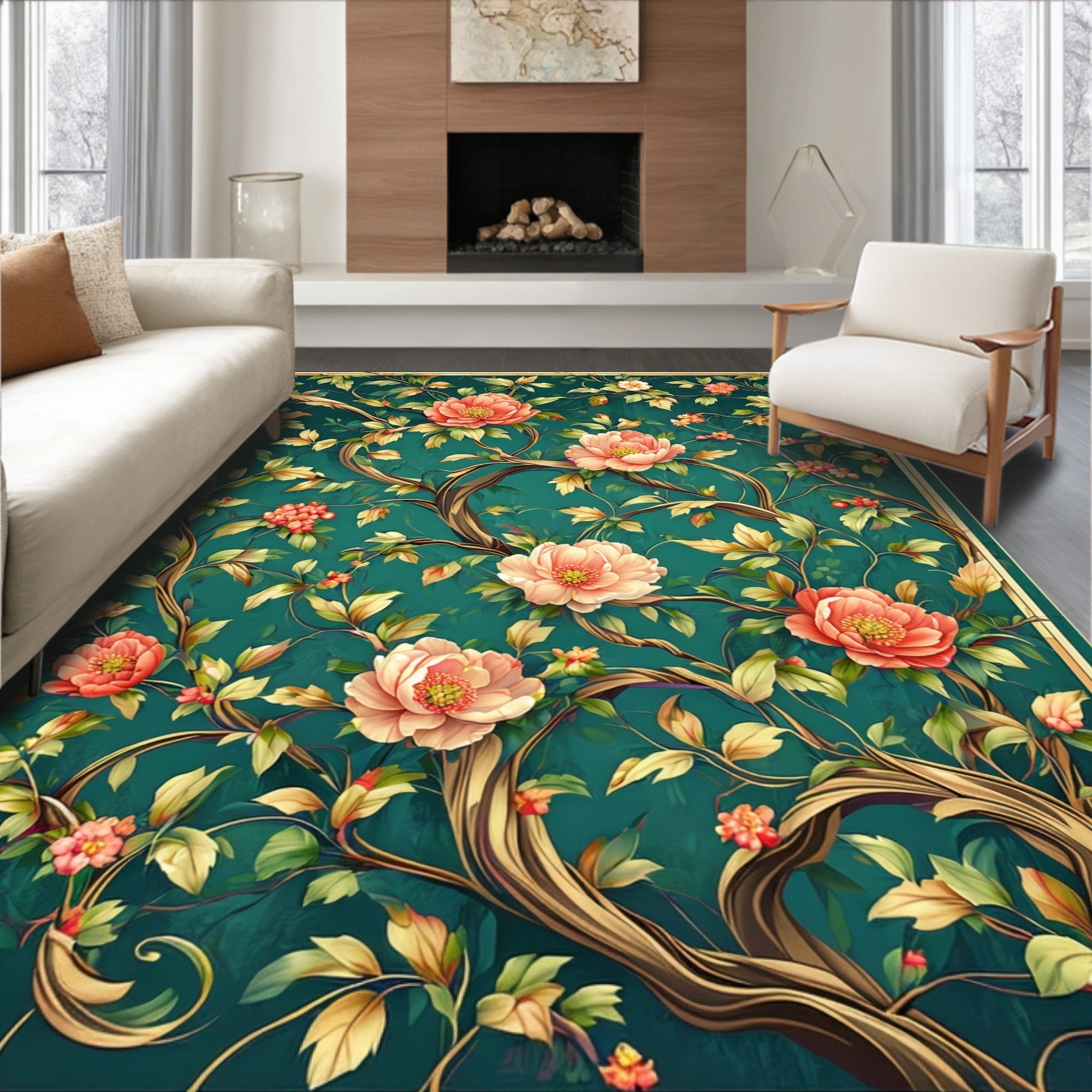 Emerald Peony Vine Patterned Rug