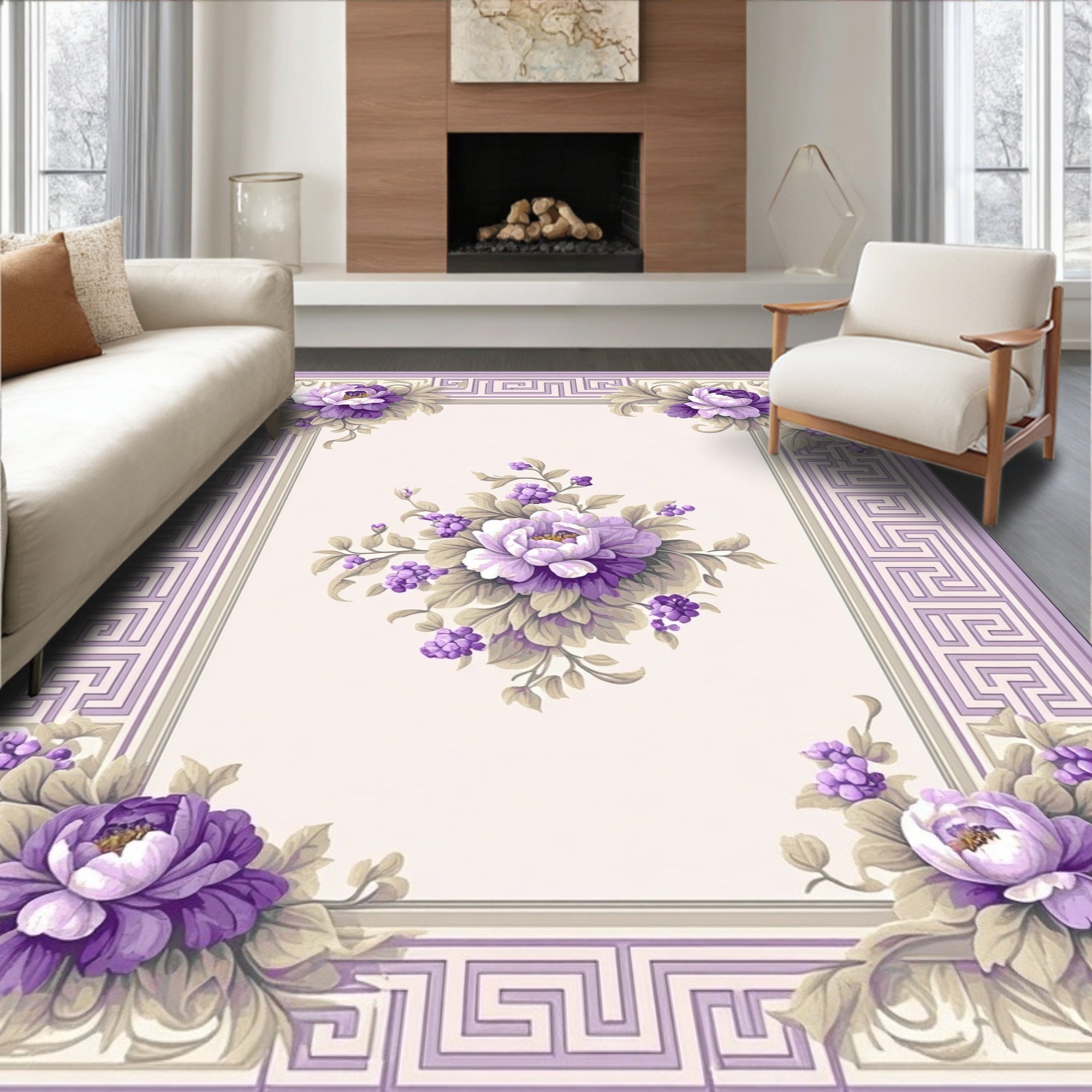 Elegant Lavender Floral Greek Key Rug