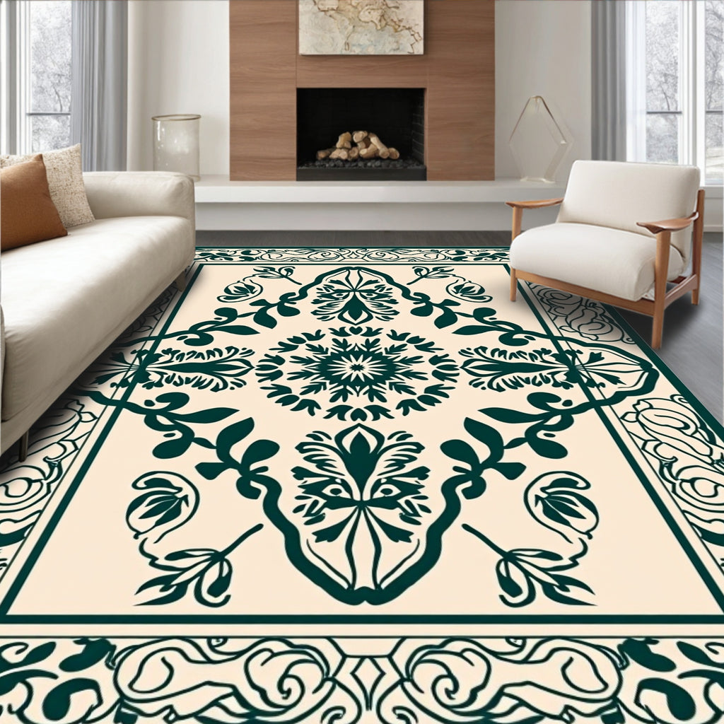 Deep Teal Floral Medallion Border Rug
