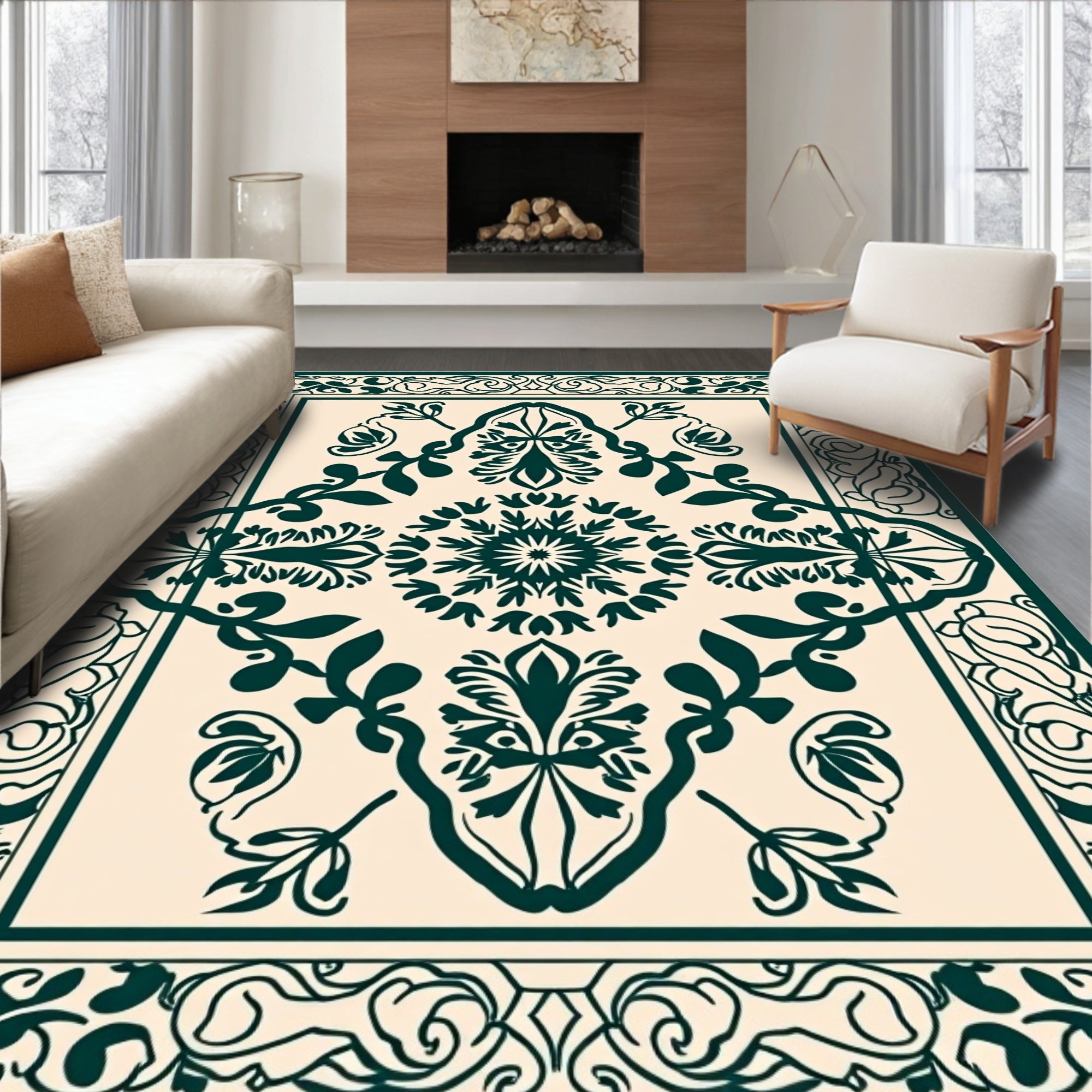 Deep Teal Floral Medallion Border Rug