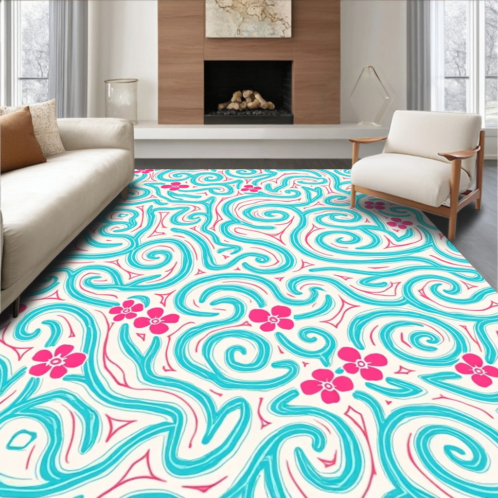 Whimsical Turquoise Coral Floral Swirls Rug