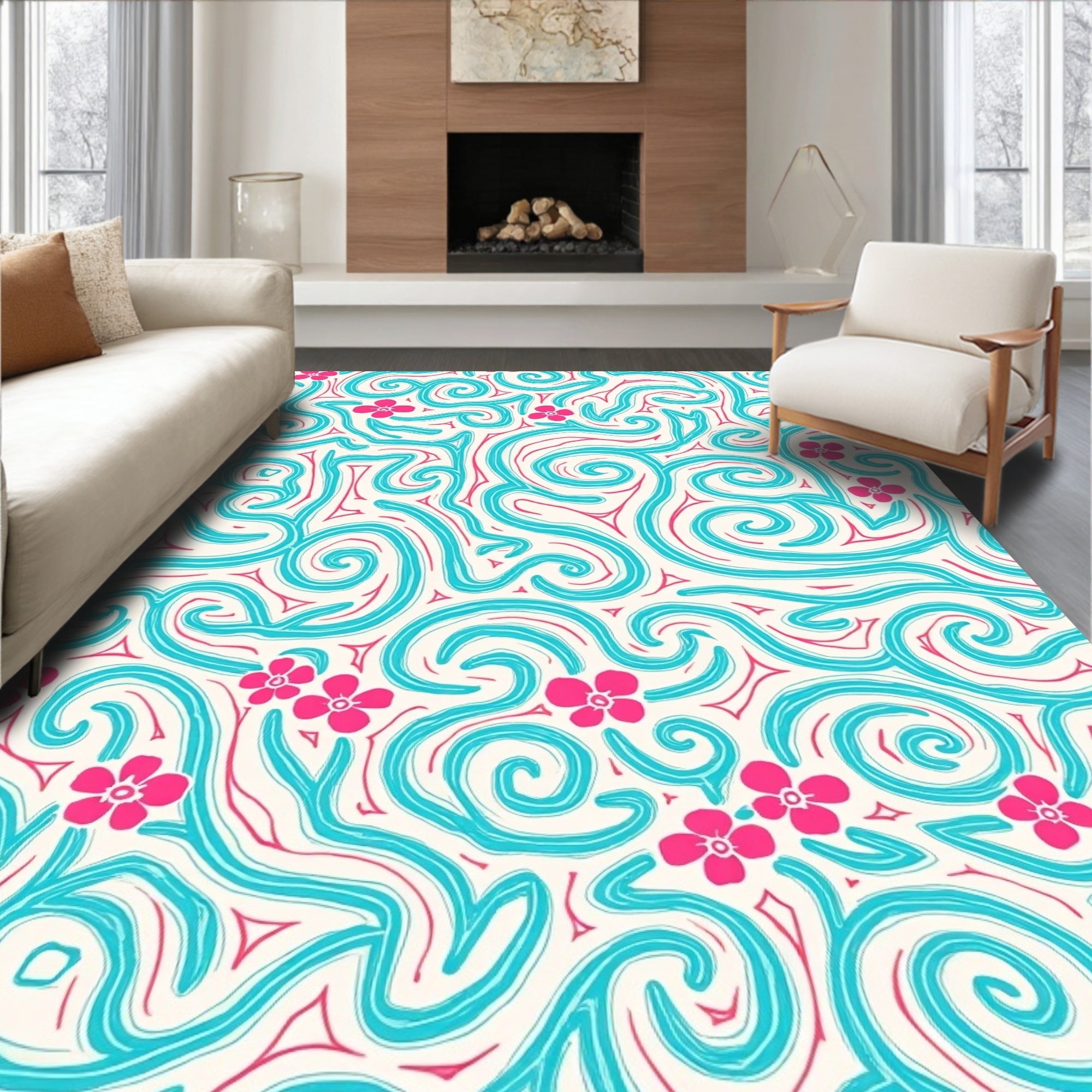 Whimsical Turquoise Coral Floral Swirls Rug