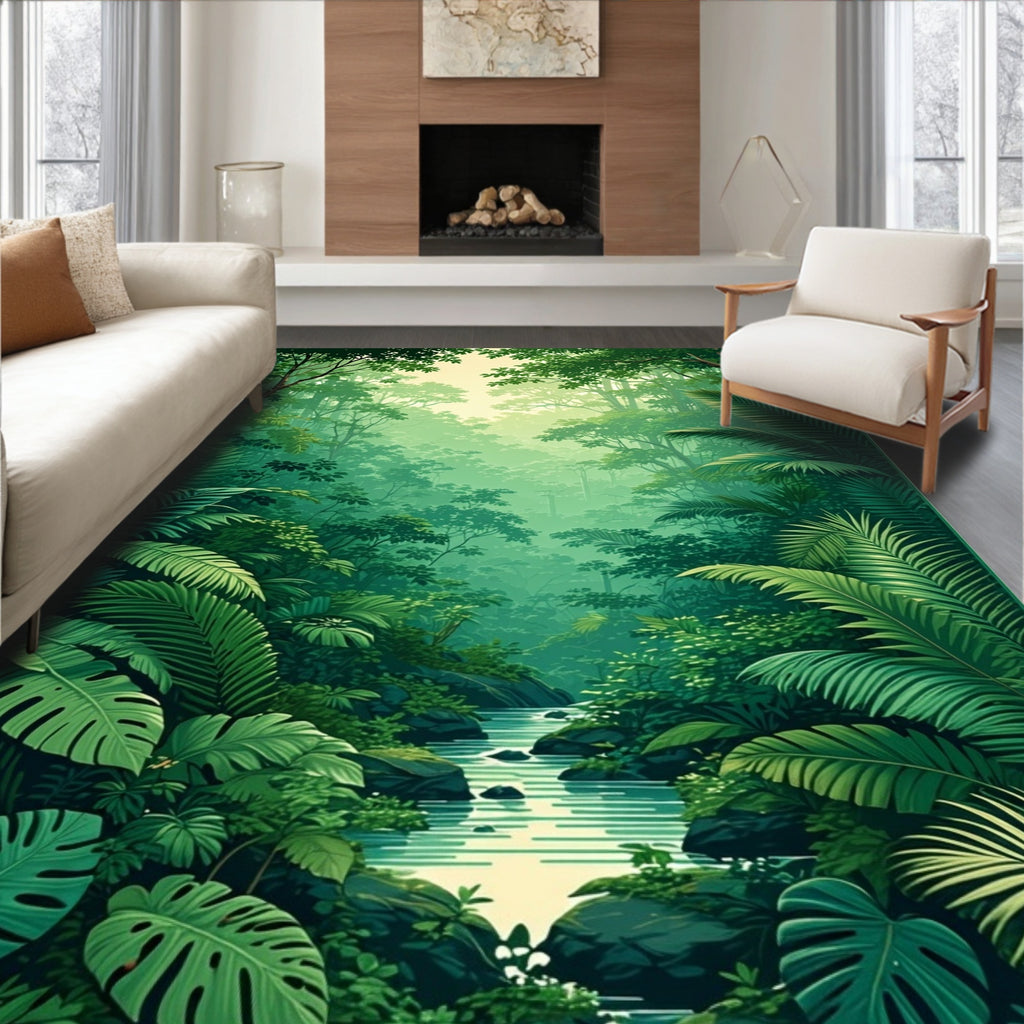 Lush Jungle River Landscape Rug