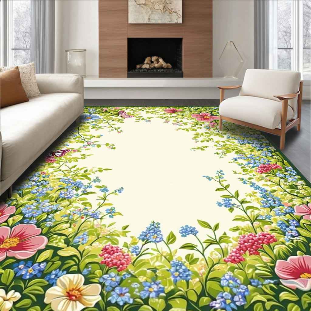 Vibrant Floral Garden Whimsical Butterflies Rug