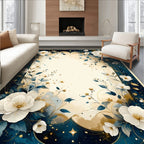 Elegant White Floral Blue Golden Accents Rug