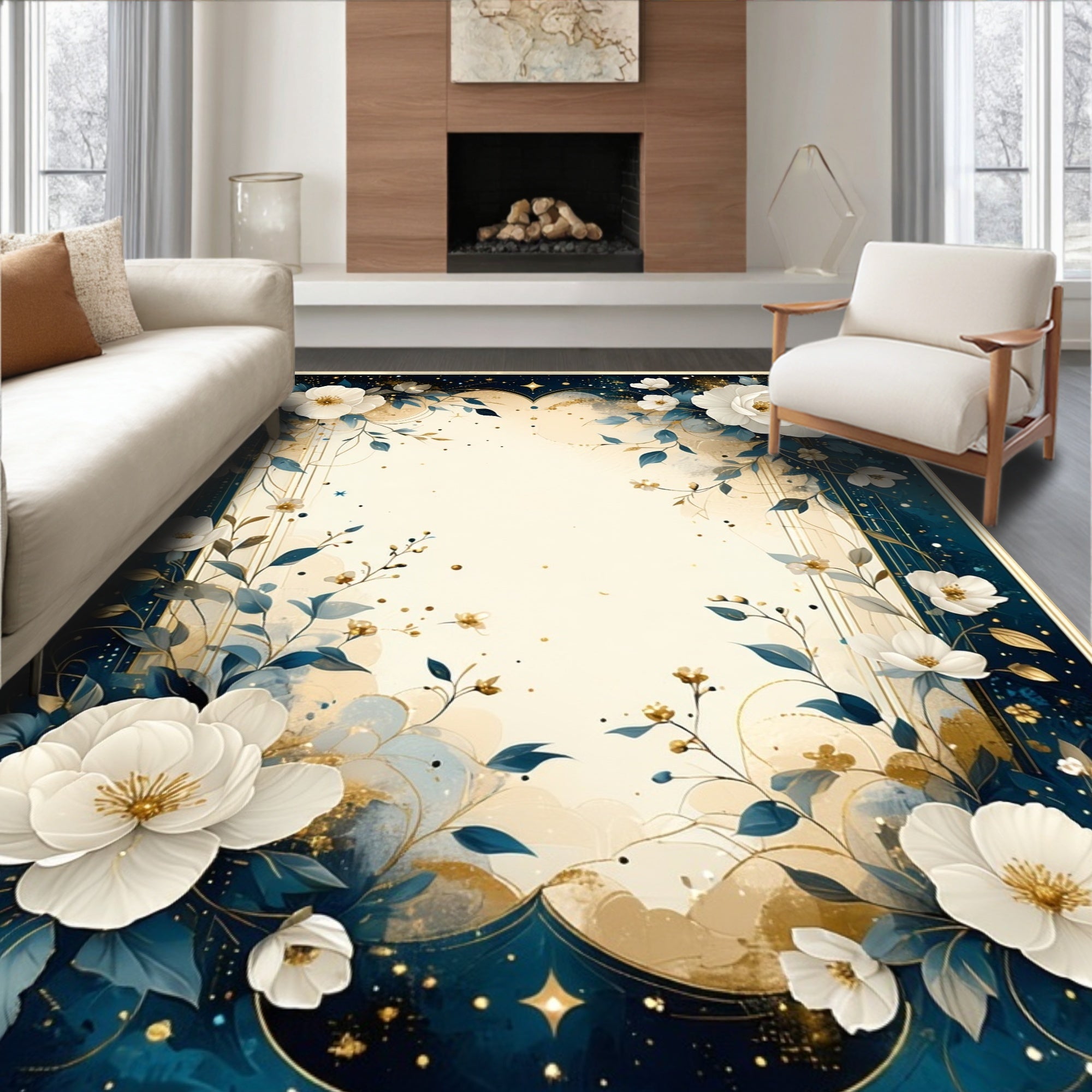 Elegant White Floral Blue Golden Accents Rug