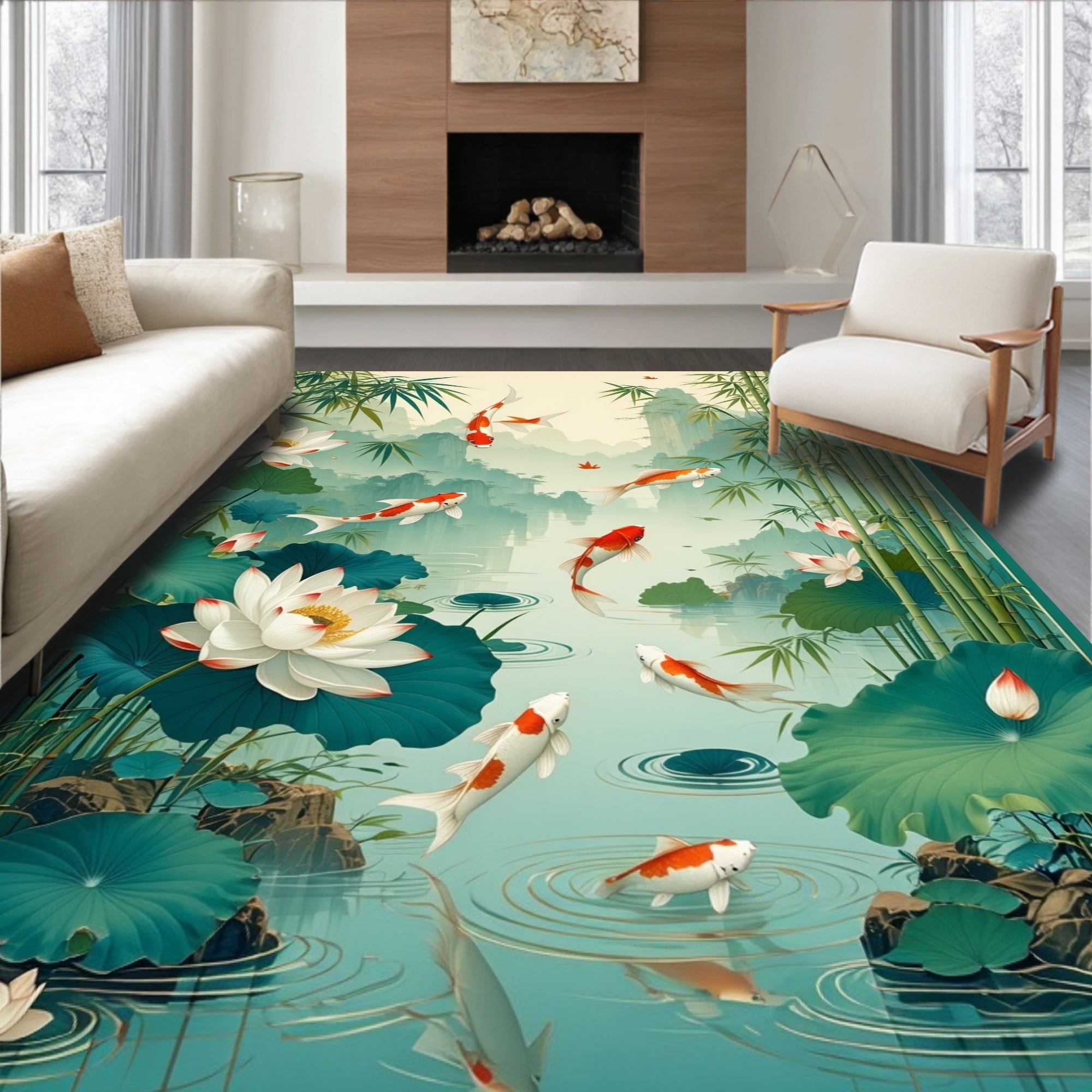 Serene Koi Fish Lotus Garden Rug