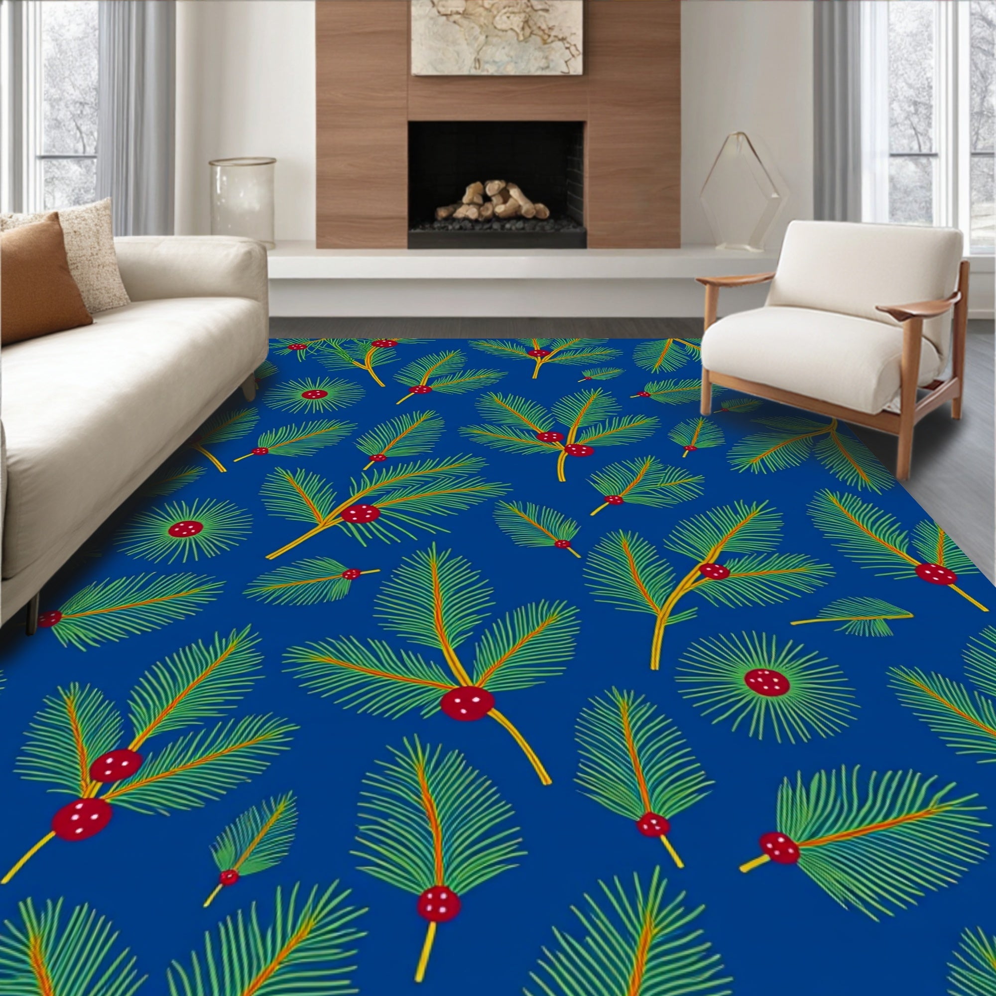 Blue Holiday Pine Sprig Berry Arrangement Rug