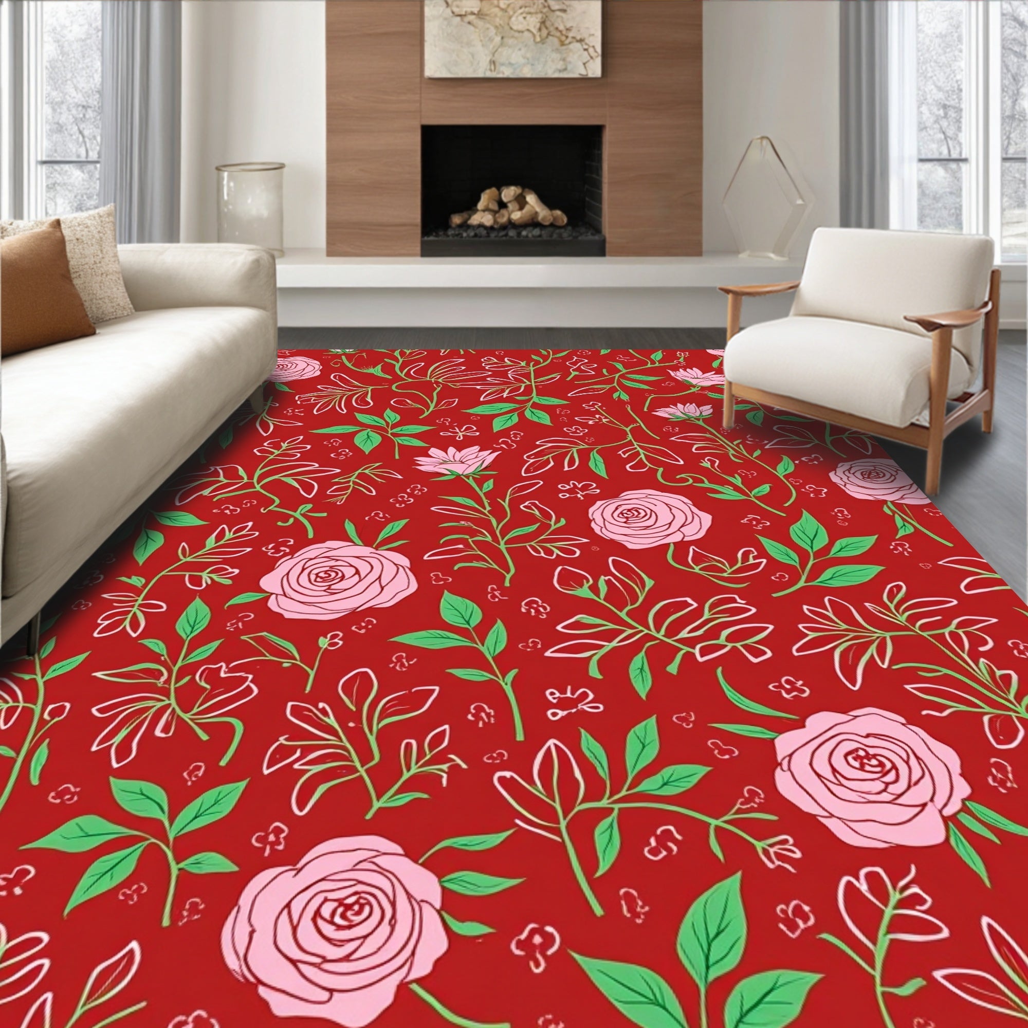 Red Floral Botanical Outline Design Rug