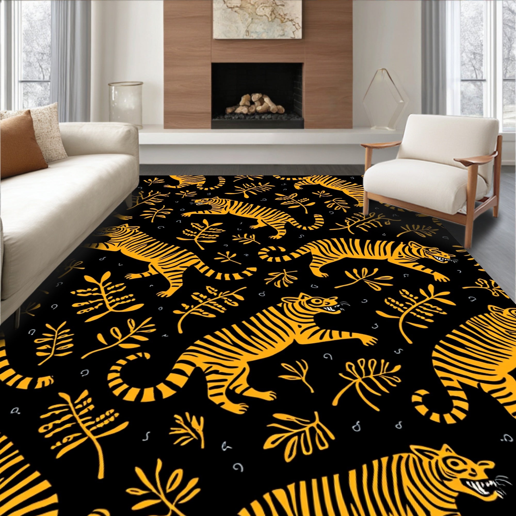 Bold Orange Tiger Floral Pattern Rug