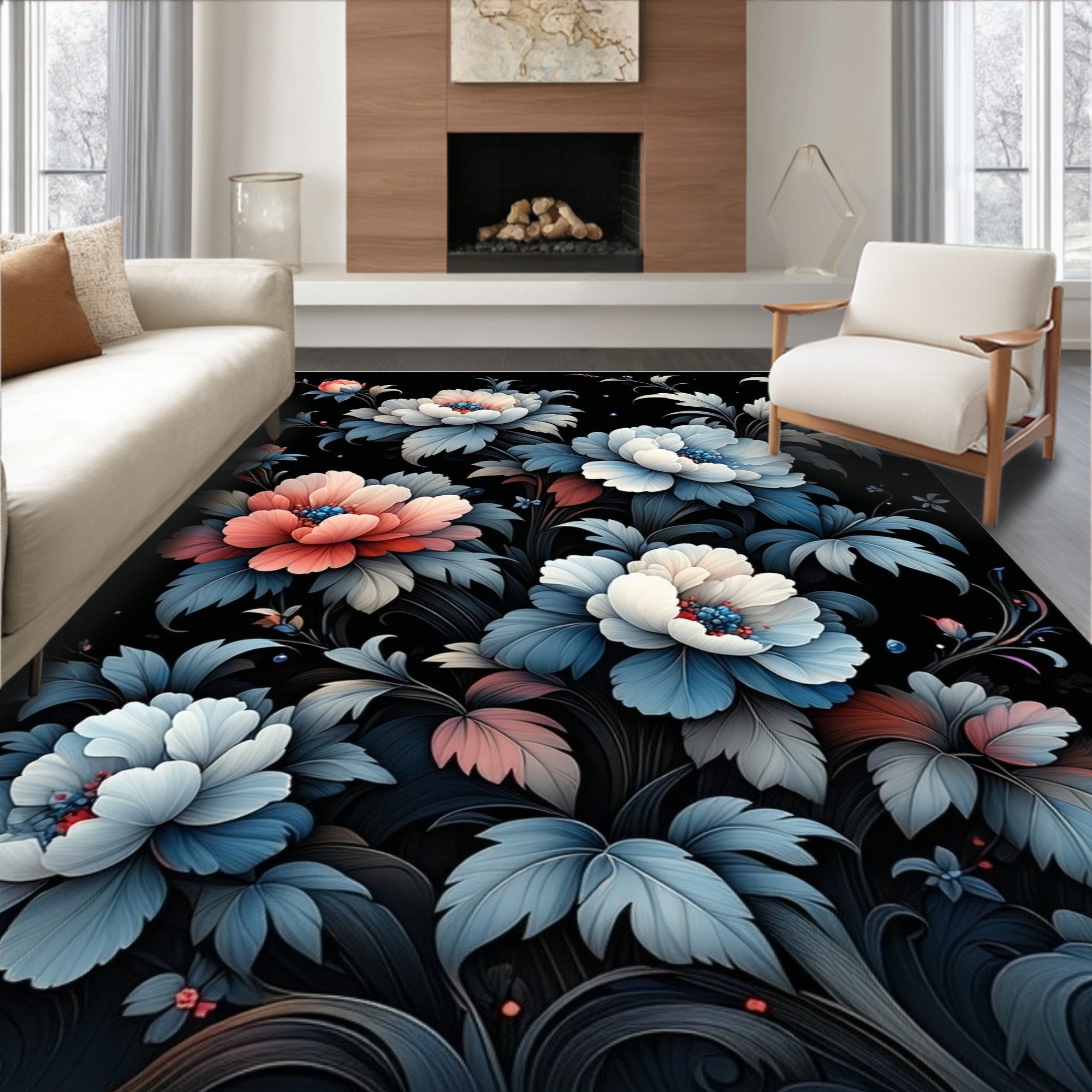 Dark Floral Scroll Pattern Rug