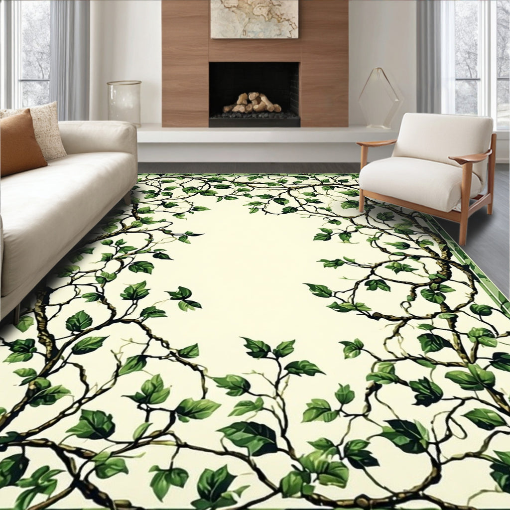 Vining Green Leaf Botanical Pattern Rug